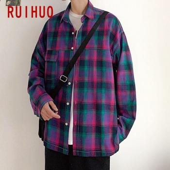 Camisa RUIHUO a Cuadros para Hombre M-2XL