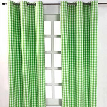 Cotton Green Gingham Block Check Ready Made Eyelet Curtains 137 x 228 cm