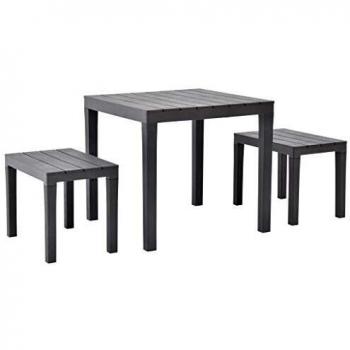 Gartentisch mit zwei Bänken, braun, aus Kunststoff