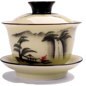 Gaiwan de cerámica con paisaje pintado