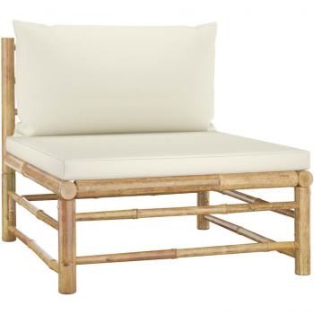Sofá central de jardín bambú con cojines blanco crema