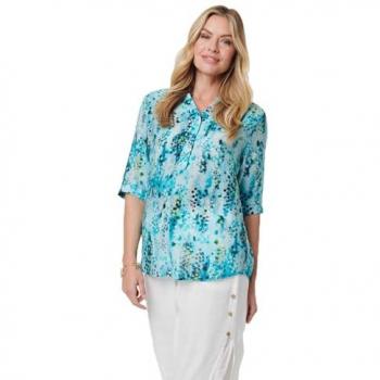 Print‑Patterned 3/4 Sleeve V‑Neck Shirt (Blue) – Izabel