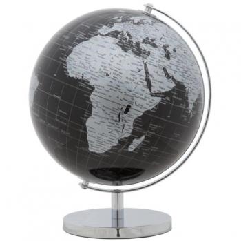 Mappamondo Decorativo Argento Ø 25x34 con Base in Metallo Nero e Argentato