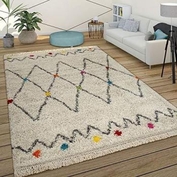 Alfombra Pelo Largo Estilo Étnico Crema 120x170 cm