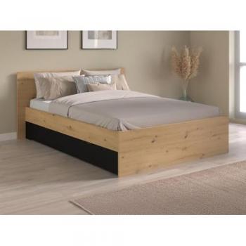 Confort+Rangement : lit double 140 × 200 cm avec tiroirs – nature et noir – Sommier VARLY