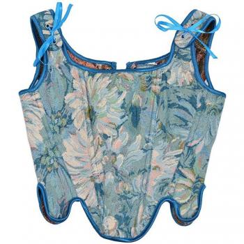 Gilet brodé chrysanthème vintage avec peinture à l'huile, corset à lacets, haut court sans manches