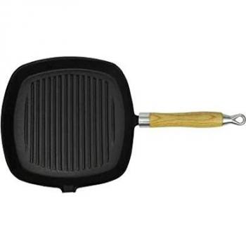 Sartén de hierro fundido con mango de madera para parrilla