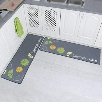 Carvapet Tapis Cuisine 2 Pièces Antidérapant Lavable en Machine Citron Gris
