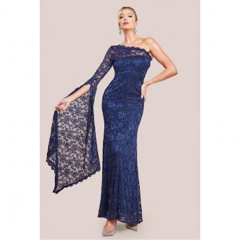 Asymmetrisches Maxikleid mit gewelltem Halsausschnitt von Goddiva