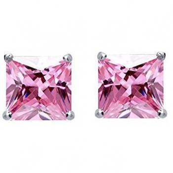 Jewelco London Women's Silver Pink Princess Cut CZ Claw Studs – 9mm (8ct)