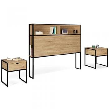 Tête de lit industrielle 165 cm avec 2 tables de chevet en bois et métal noir