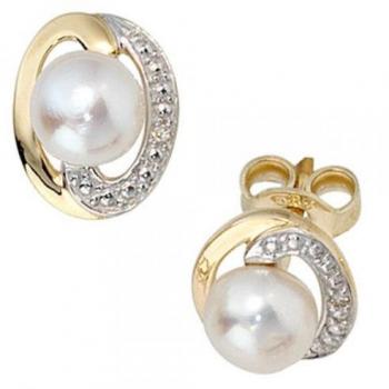 Jobo Damen Ohrstecker 585 Gold Gelbgold 2 Diamanten Brillanten 2 Süßwasser Perlen