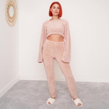 OHS Teddy Fleece Long Sleeve Crop Top, Blush Pink
