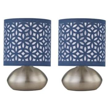 Silver Brushed Jenson Table Lamps – 2‑Set, Blue Cut‑Out Shades, Touch‑Activated