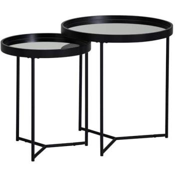 FineBuy Table de salon ronde noir 50 cm Ø avec plateau miroir – lot de 2