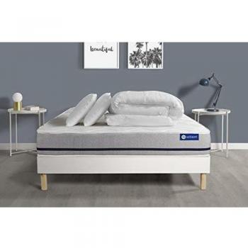 Pack Dormir Matelas 140x190 ACTIFLEX Soft 3zones de Confort + sommier KIT Blanc + 2 oreillers + Couette