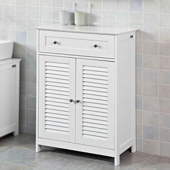 Armario de baño SoBuy FRG238-W, mueble auxiliar con 2 puertas y 1 cajón, blanco