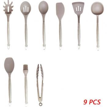 Warm Gray Kitchen Utensils Set 5-15 Pcs Stainless Steel Silicone Non-stick