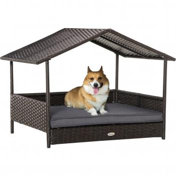 Wicker Dog House with Canopy and Soft Cushion