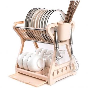 Two-Tier Dish Bowl Organizer with Utensil Storage
