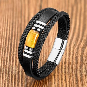 Pulsera de ojo de tigre con base de cuero y metal para hombre y mujer