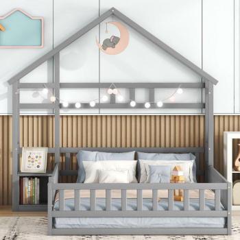 Lit en cabane enfant 140 × 200 cm, avec garde-corps et tables de nuit – gris