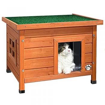Maison Douceur Cat – Niche Bois, Toit Incliné Bitumé – Porte en Lamelles – Fenêtre Plexiglas