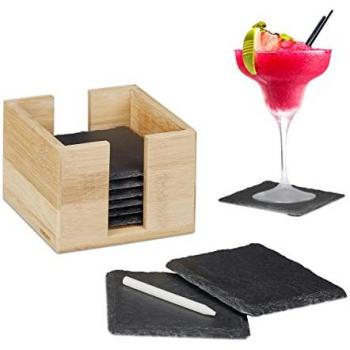 Set de 64 Posavasos de Pizarra, Caja de Bambú, Tiza, Cuadrados de 10x10 cm, Natural