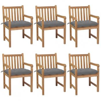 Chaises de terrasse en teck massif, 6 pièces avec coussins gris