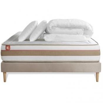 Marmottes & Co Pack « Le Tendre » : matelas, sommier, 2 oreillers et couette beige 140×200 cm (ressorts ensachés, mémoire de forme)