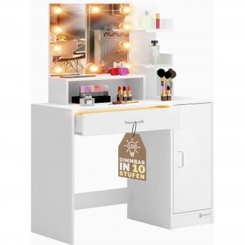 Coiffeuse Jocelyn Blanche 140x90x40cm avec LED et tiroir miroir