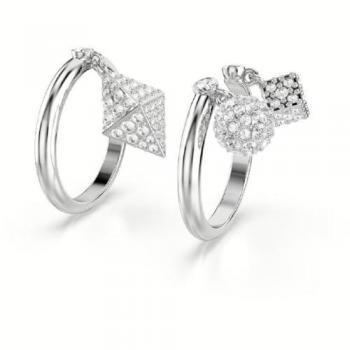 Anello da Donna Swarovski Dextera Placcato Rodio con Sfera e Cubo in Cristallo, Set di 2 Pezzi, Misura 55, Colore Bianco