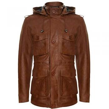 Infinity Leather Men's Tan Hooded Multi-Pocket Duffle Trench Coat