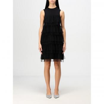 Abito corto in maglia con balze in tulle, Nero, Plissé, Taglia S