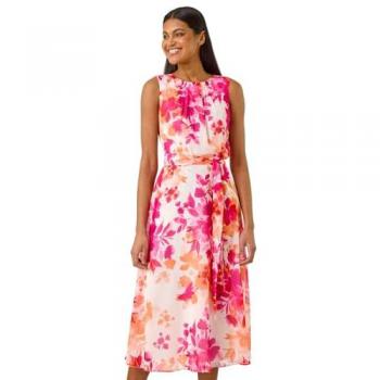 Robe Midi Roman à Motif Floral Rose