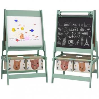 AIYAPLAY Tableau chevalet enfant ardoise double face tableau blanc tableau à craie rouleau papier 2 paniers 54 x 46,5 x 93 cm vert