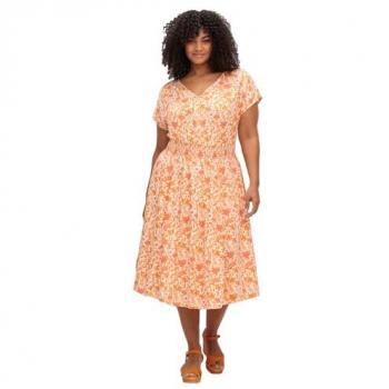 Sommerkleid SHEEGO Große Größen, Damen, Gr. 50, Normalgrößen, orange (apricot gemustert), Obermaterial: 100% Viskose, gemustert, feminin, figurumspielend wadenlang, V-Ausschnitt, Kurzarm, Kleider, mit Smokbund und weitem Rock