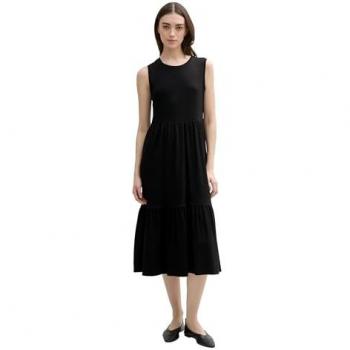 Tom Tailor Denim Damen Midi‑Kleid mit Baumwoll-Rippstruktur – Schwarz, Uni, Gr. XXL – 2024 Sommer