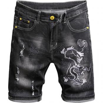 Männer kurze Jeanshose mit Drachenstickerei, Sommermode, schwarz
