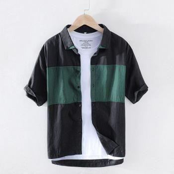 Chemise en lin noir pour homme, style rétro, manches courtes Y2621