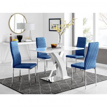 Atlanta High Gloss Dining Table with 4 Navy Velvet Chairs