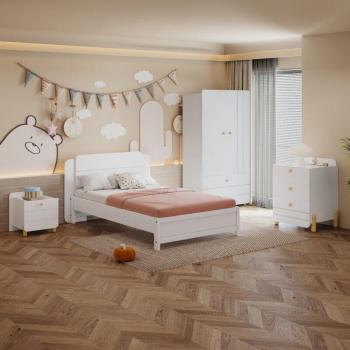 Pacchetto completo di arredo per camera da letto 4 pezzi – letto singolo 90x200cm (senza materasso), comodini, cassettiera, armadio – bianco elegante