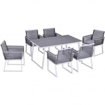 6‑Seater Outsunny Patio Furniture Kit – PE Rattan Cushion Chairs, Rectangular Table, Box Frame, Grey