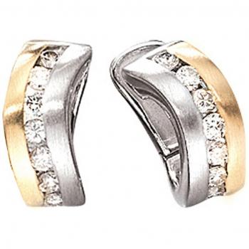 JOBO Creolen 585 Weißgold Gelbgold kombiniert mattiert 16 Diamant-Brillanten Ohrringe