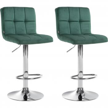 Tabouret de bar à deux unités, velours vert, pieds métalliques chromés