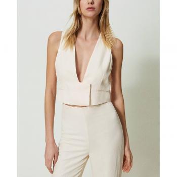 Chaleco cropped de mujer, lino mixto, talla 44