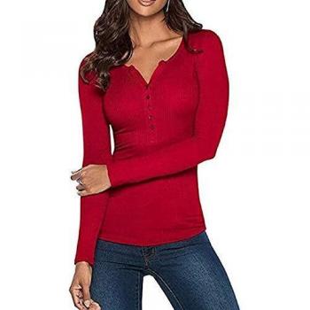 YBENLOVER Damen V-Ausschnitt Henley T-Shirt Langarm Geripp Knopf Basic Tee