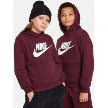Nike Kids’ Hoodie Club Fleece Big – XS 122 – Dunkelrot (Night Maroon) & Weiß
