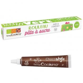 Pâte à sucre verte en rouleau Ø 36 cm avec stylo en chocolat