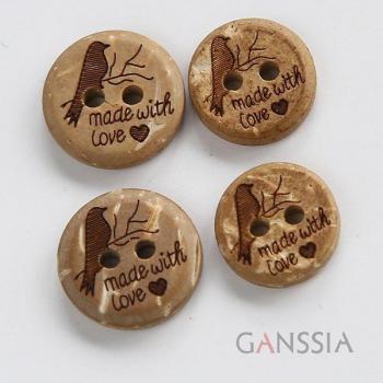 Vintage 2 Holes Coconut Buttons Bird Pattern 50pcs